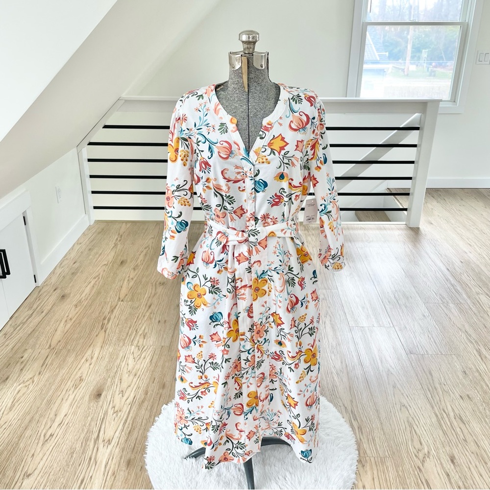 M Croft and Barrow floral white yellow pink blue w/pockets midi dress - Picture 1 of 4